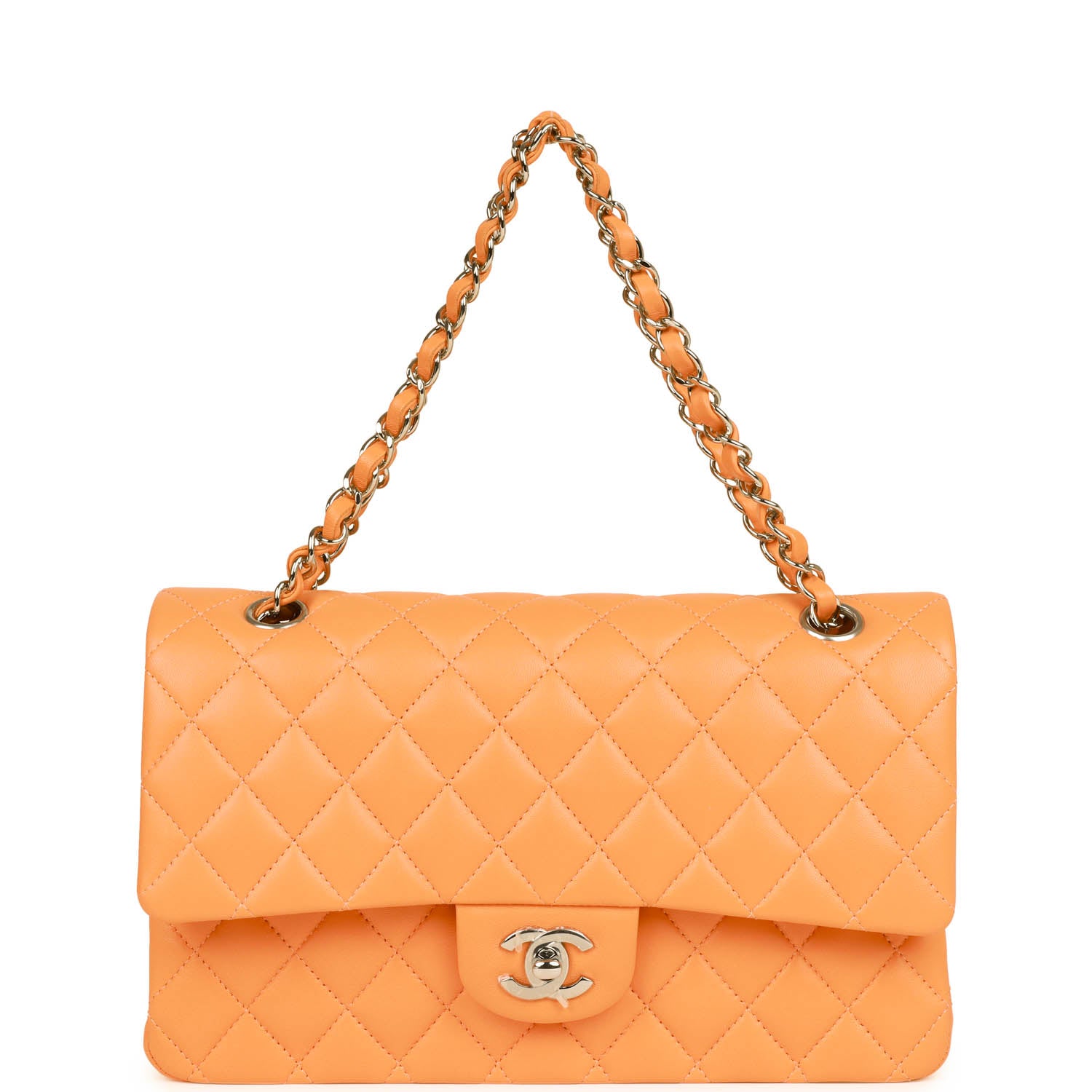 Chanel Medium Classic Double Flap Bag Neon Orange Lambskin Silver Hardware
