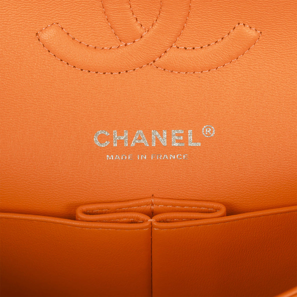 Chanel Medium Classic Double Flap Bag Neon Orange Lambskin Silver Hardware