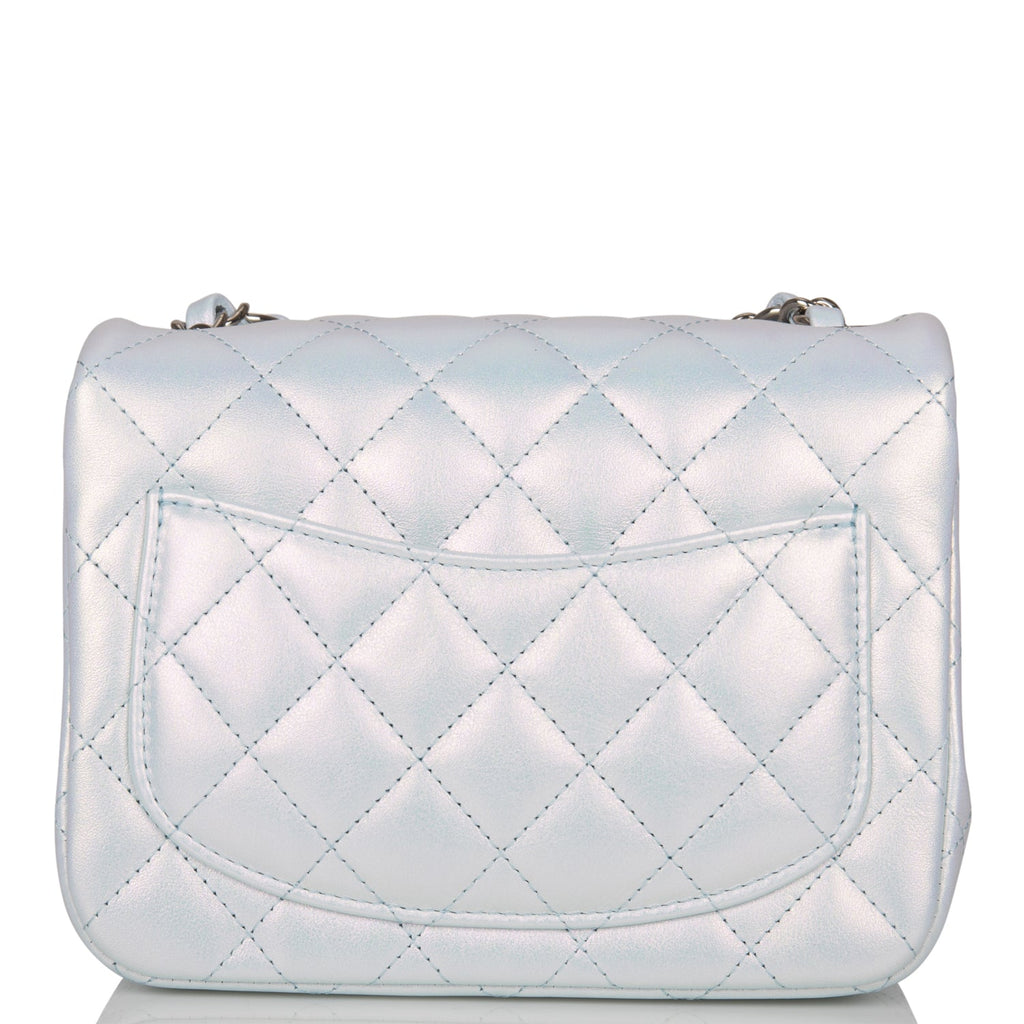 Chanel Mini Square Flap Bag Blue Iridescent Lambskin Silver Hardware
