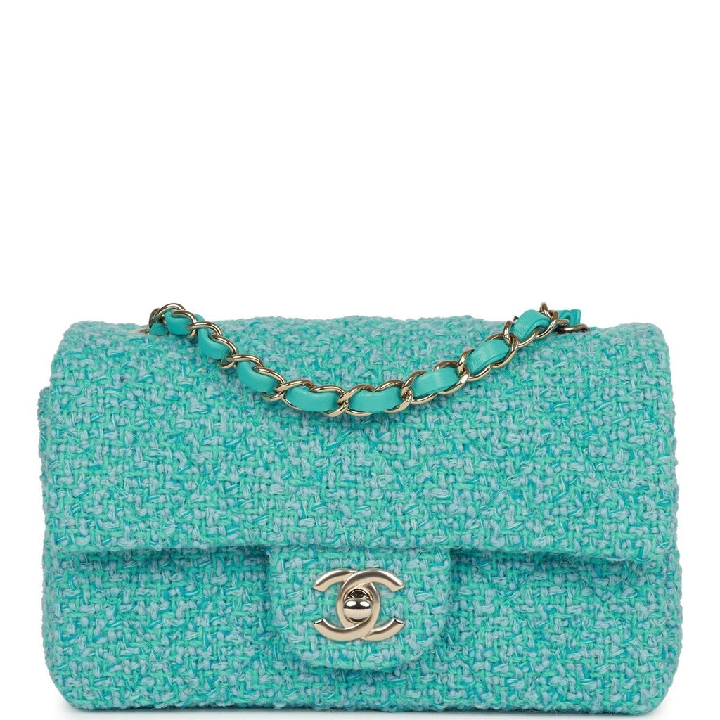 Chanel Mini Rectangular Flap Bag Blue Tweed Light Gold Hardware