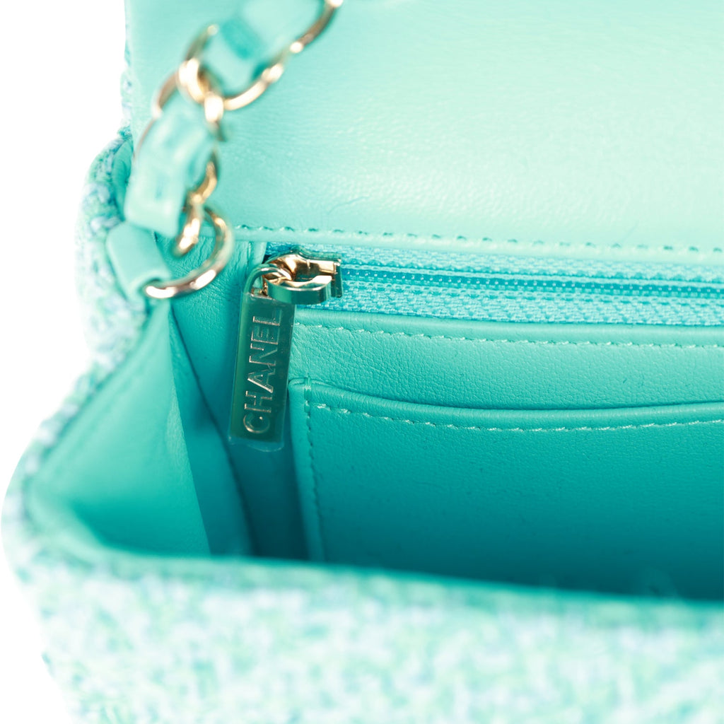 Chanel Mini Rectangular Flap Bag Blue Tweed Light Gold Hardware