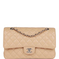 Chanel Medium Classic Double Flap Bag Beige Caviar Silver Hardware