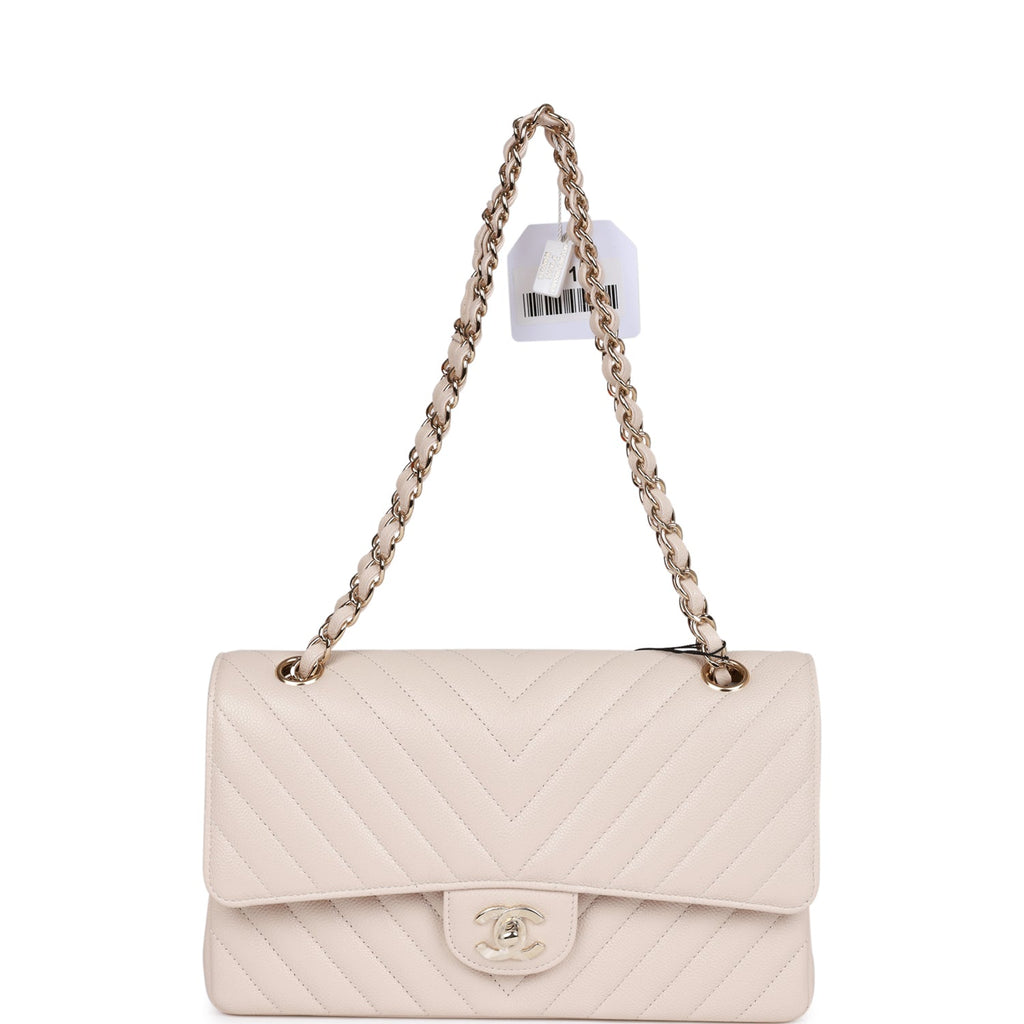 Chanel Medium Classic Double Flap Bag Beige Chevron Caviar Light Gold Hardware