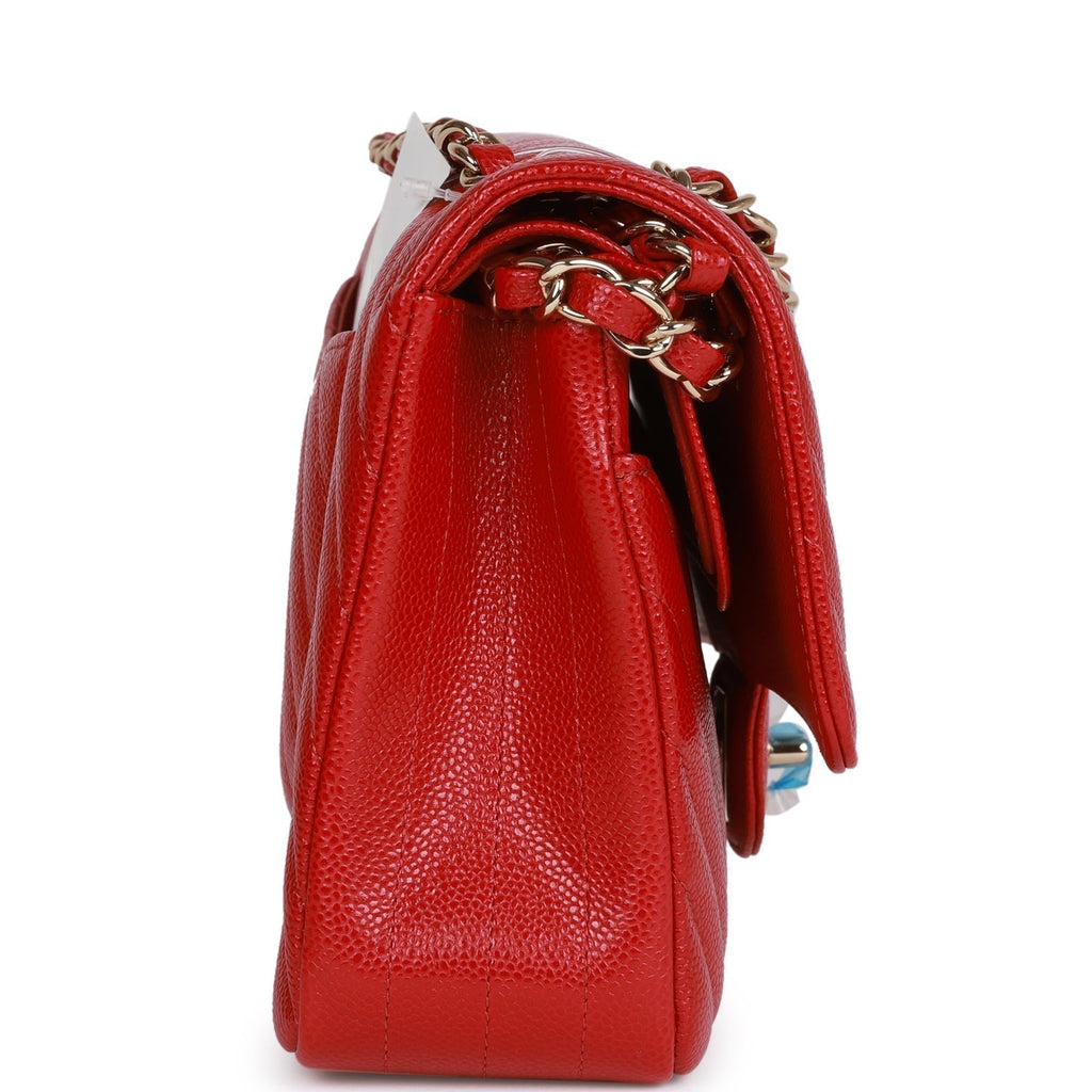 Chanel Medium Classic Double Flap Bag Red Chevron Caviar Light Gold Hardware