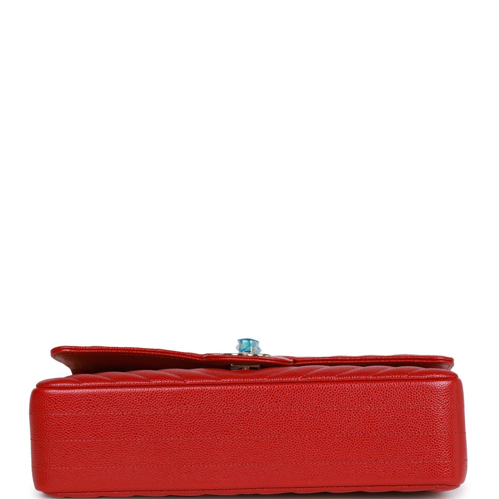 Chanel Medium Classic Double Flap Bag Red Chevron Caviar Light Gold Hardware