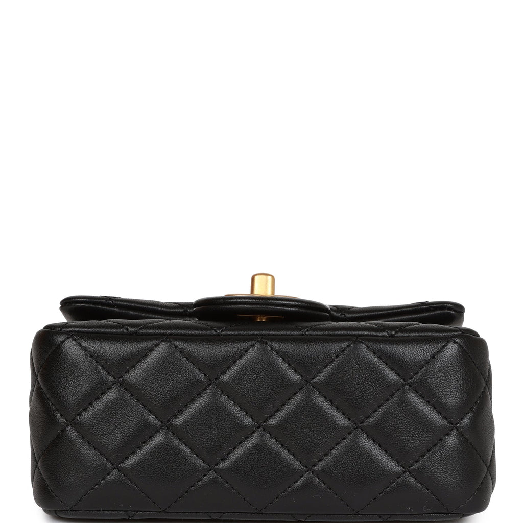 Chanel Pearl Crush Mini Square Flap Bag Black Lambskin Antique Gold Hardware