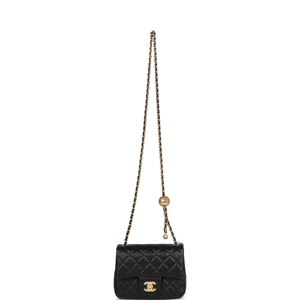 Chanel Pearl Crush Mini Square Flap Bag Black Lambskin Antique Gold Hardware