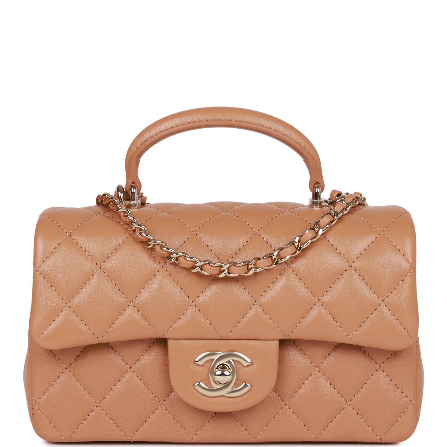 Chanel Mini Rectangular Flap with Top Handle Caramel Lambskin Light Gold Hardware