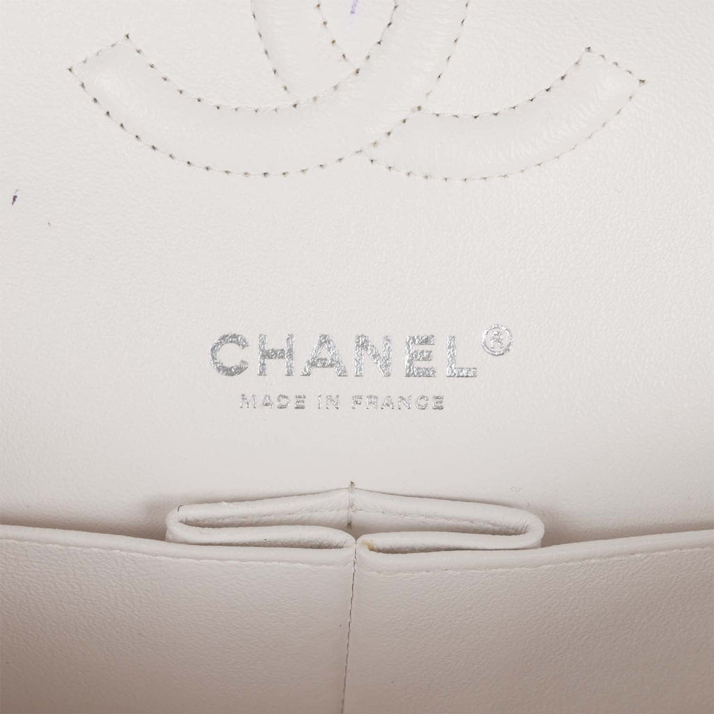 Chanel Medium Classic Double Flap Bag White, Black, and Pink Tweed Silver Hardware