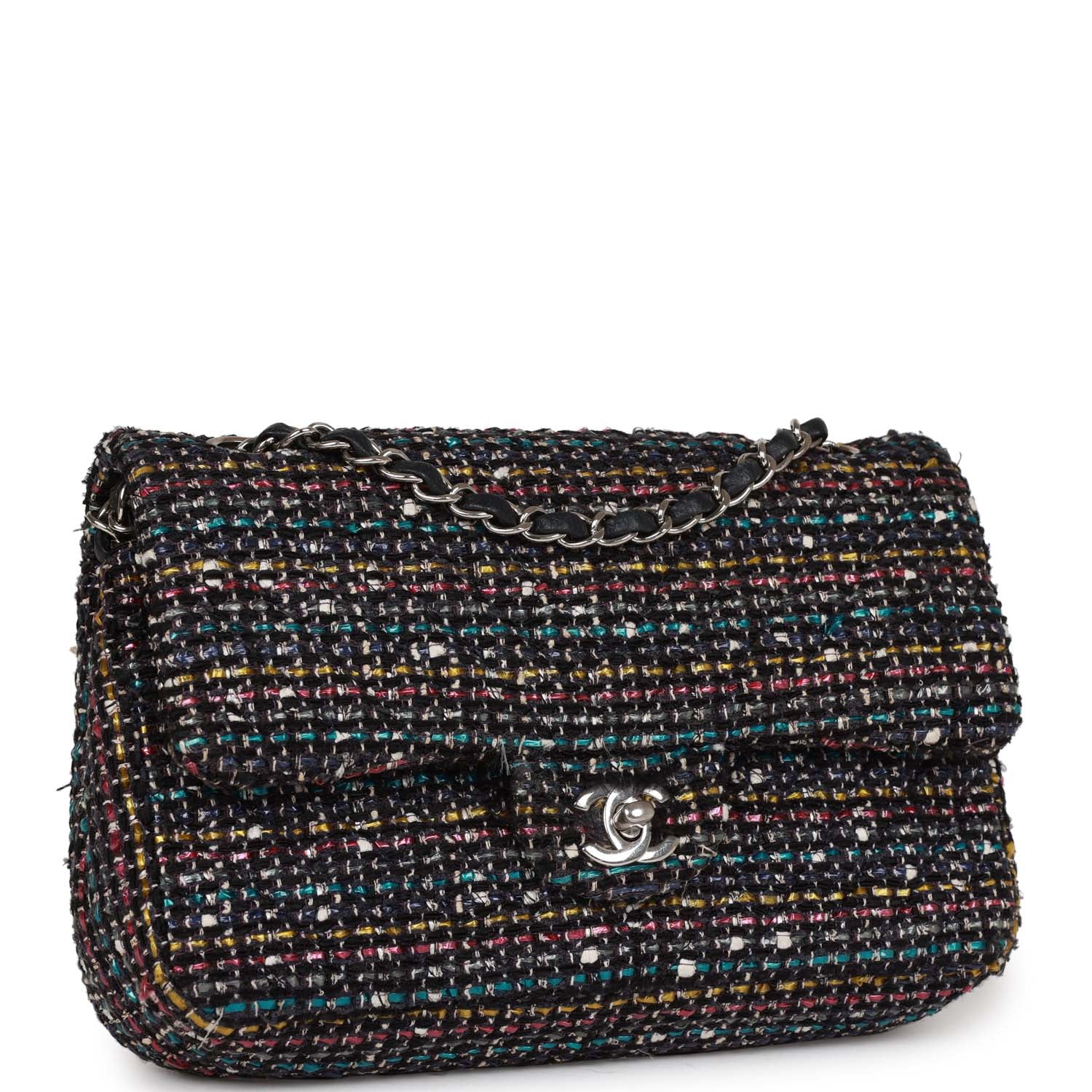 Pre-owned Chanel Medium Classic Double Flap Bag White and Black Tweed Boucle Silver Hardware