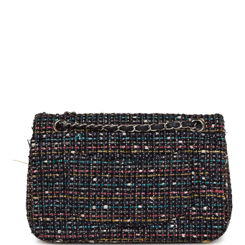 Pre-owned Chanel Medium Classic Double Flap Bag White and Black Tweed Boucle Silver Hardware