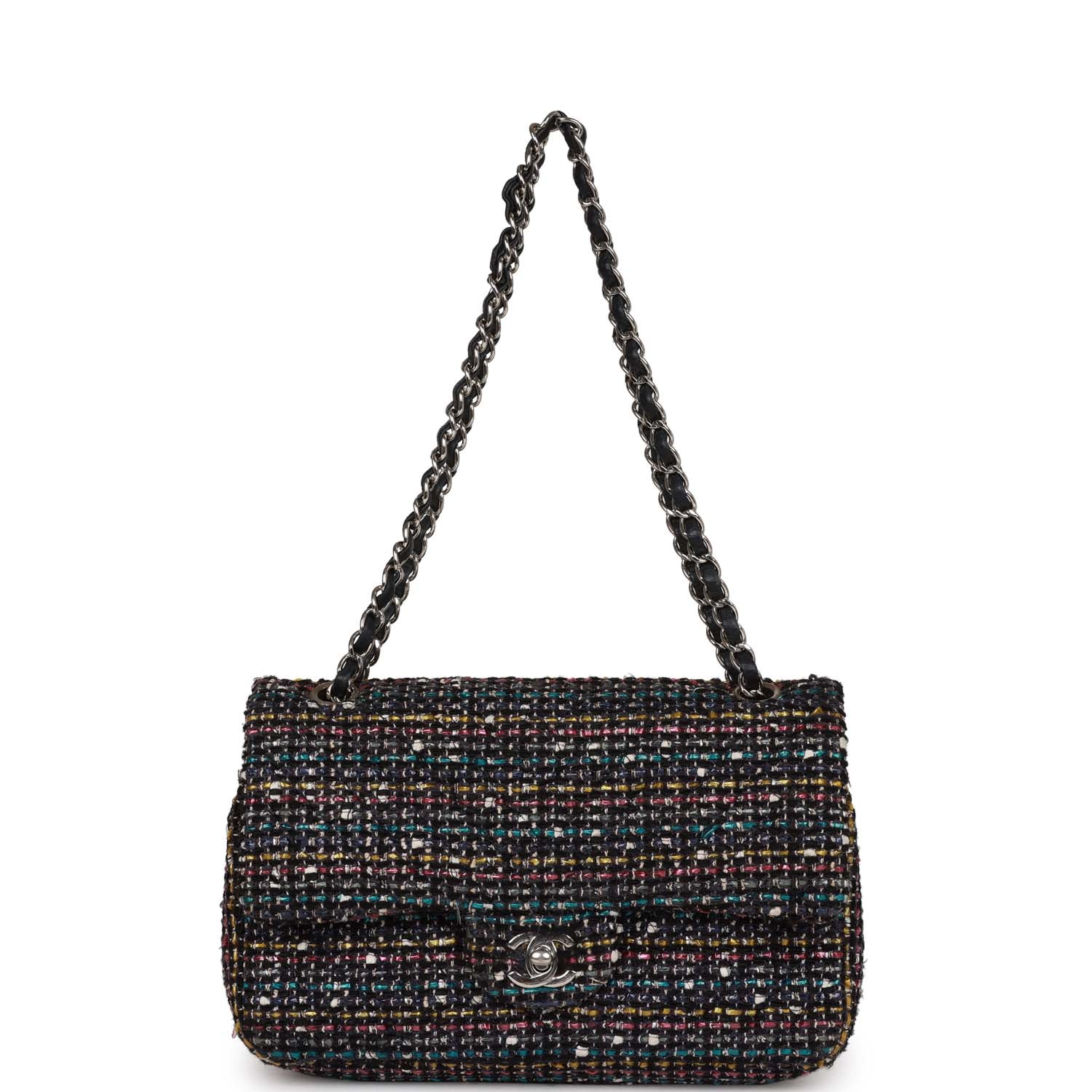 Pre-owned Chanel Medium Classic Double Flap Bag White and Black Tweed Boucle Silver Hardware