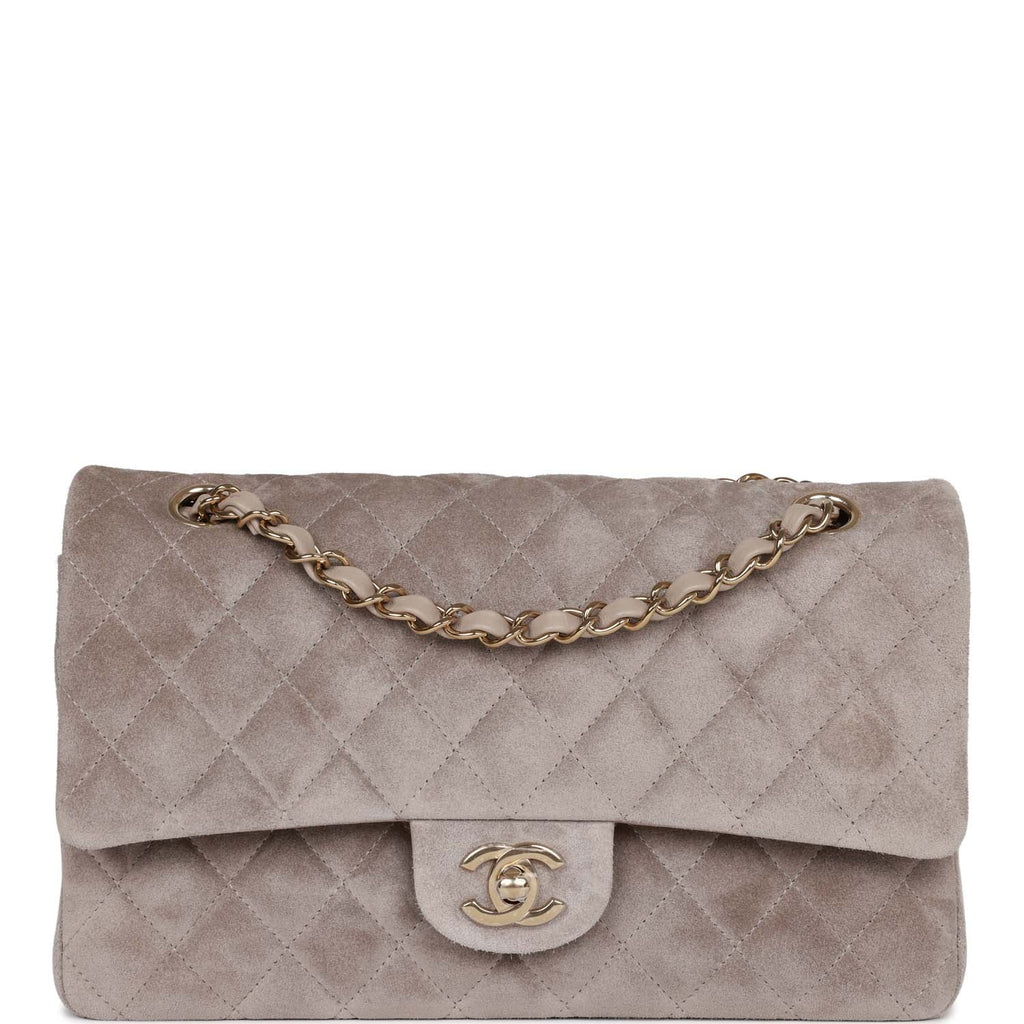 Chanel Medium Classic Double Flap Bag Grey Suede Light Gold Hardware