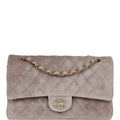 Chanel Medium Classic Double Flap Bag Grey Suede Light Gold Hardware