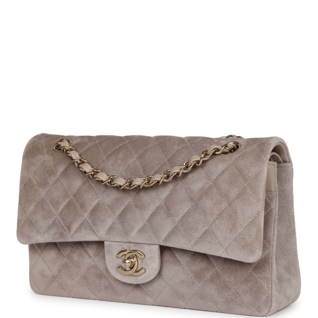 Chanel Medium Classic Double Flap Bag Grey Suede Light Gold Hardware