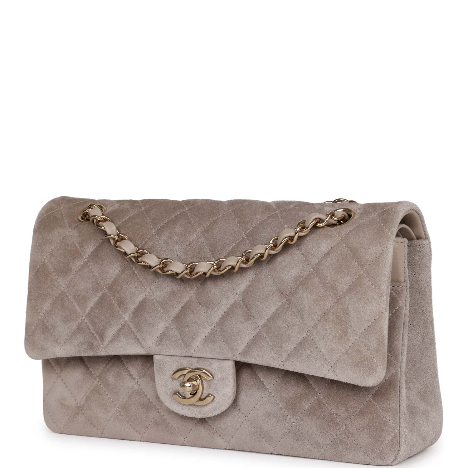 Chanel Medium Classic Double Flap Bag Grey Suede Light Gold Hardware