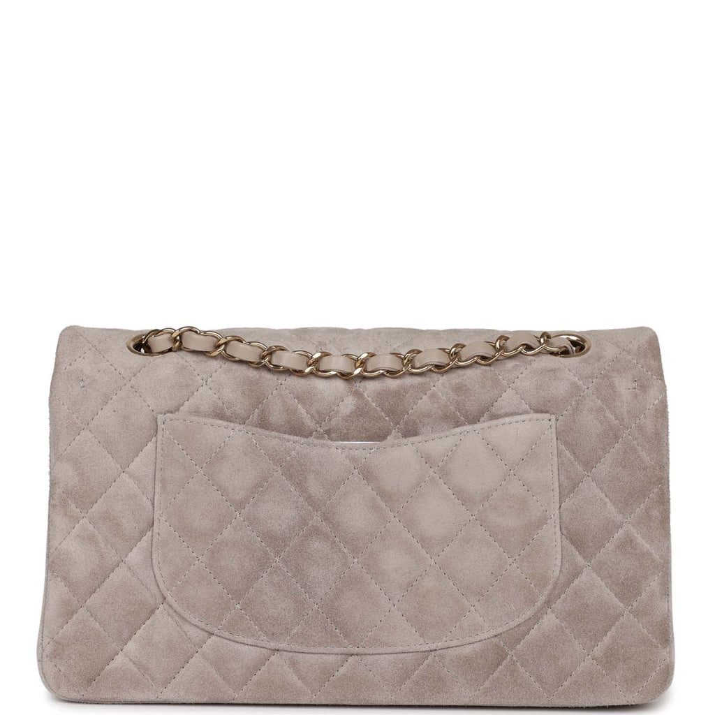 Chanel Medium Classic Double Flap Bag Grey Suede Light Gold Hardware