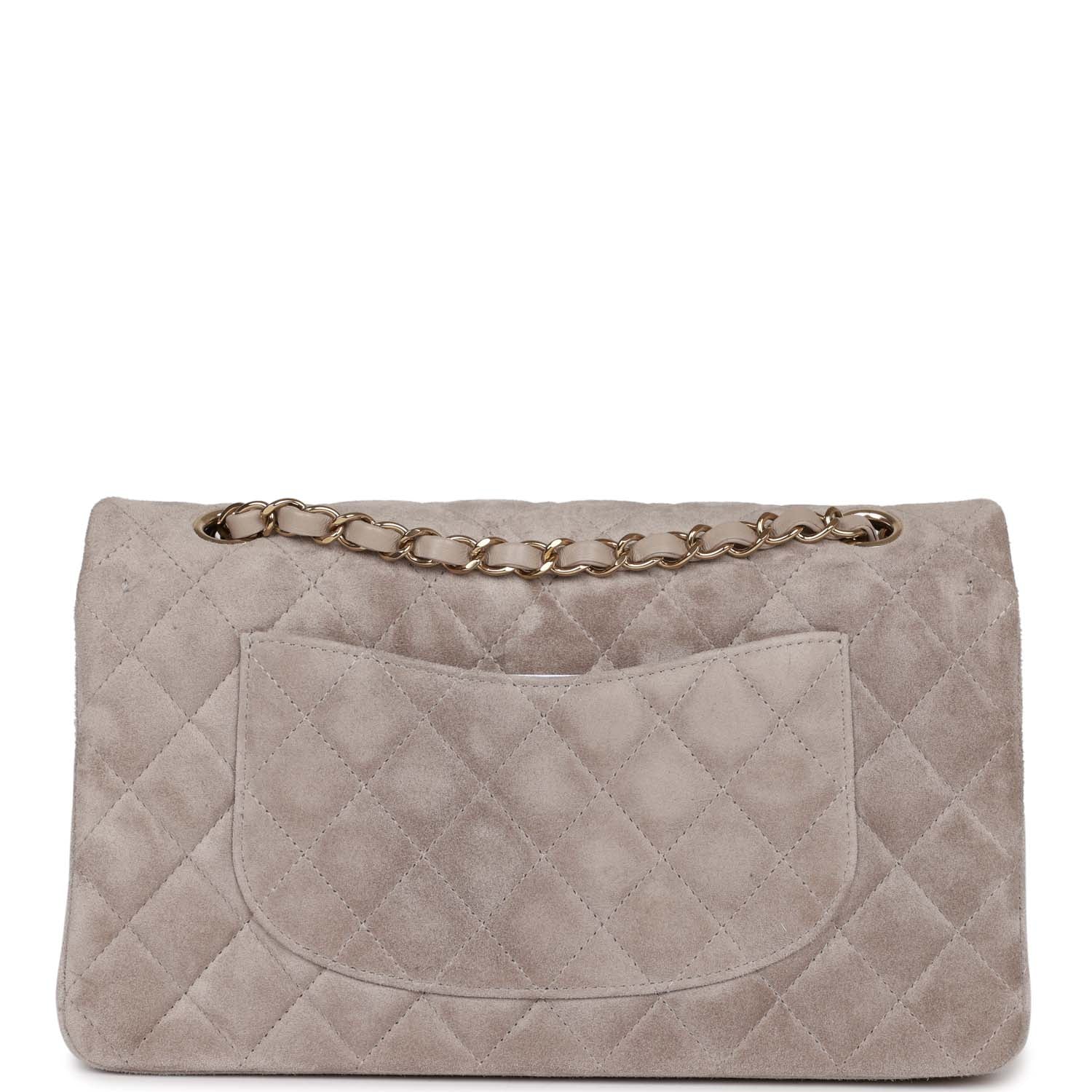 Chanel Medium Classic Double Flap Bag Grey Suede Light Gold Hardware