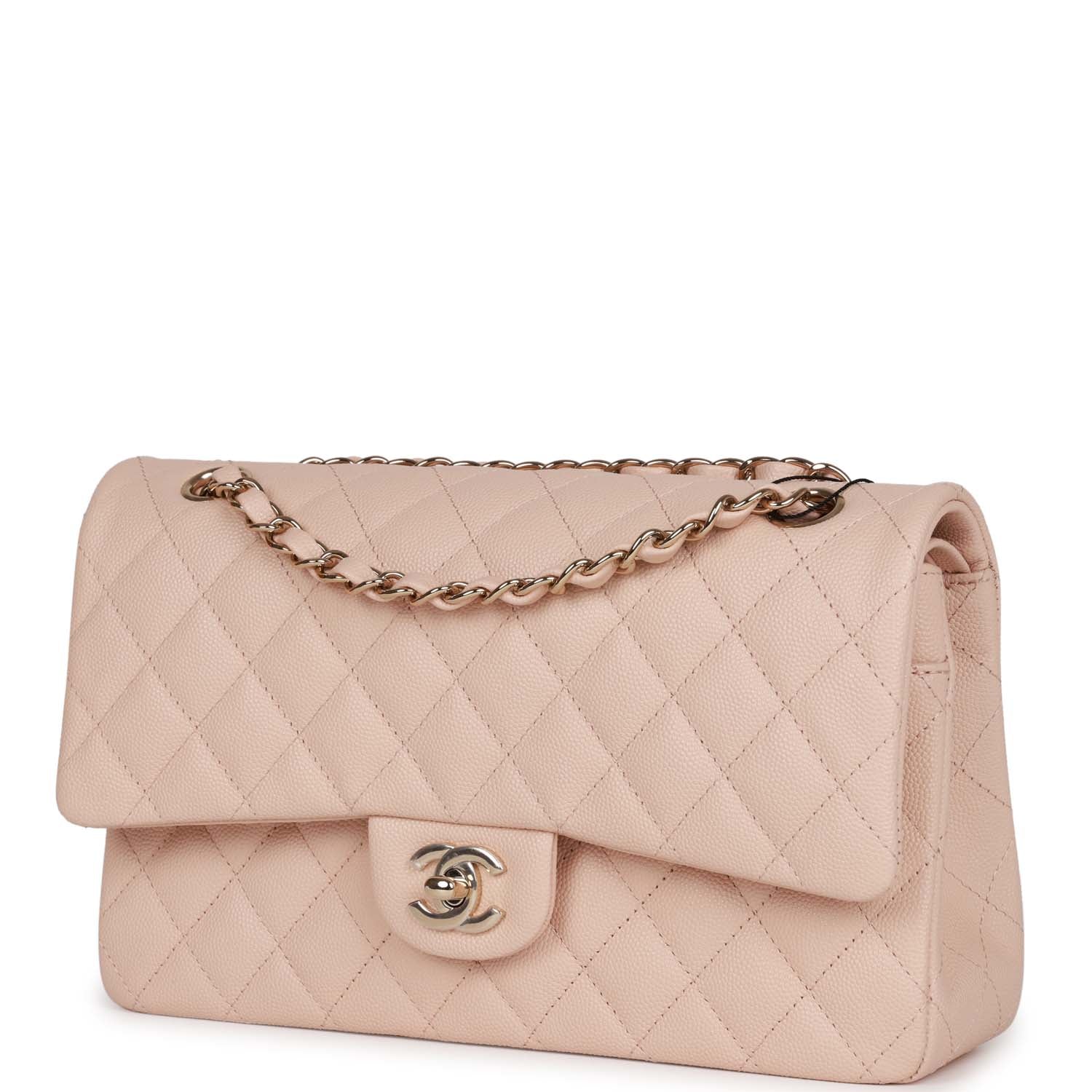 Chanel Medium Classic Double Flap Bag Beige Caviar Light Gold Hardware