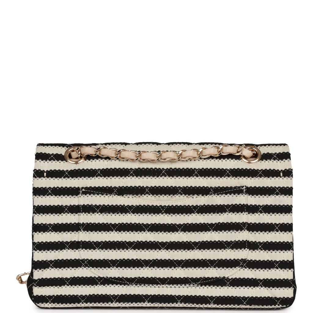 Pre-owned Chanel Medium Classic Double Flap Bag Black and Beige Striped Silk Light Gold Hardware