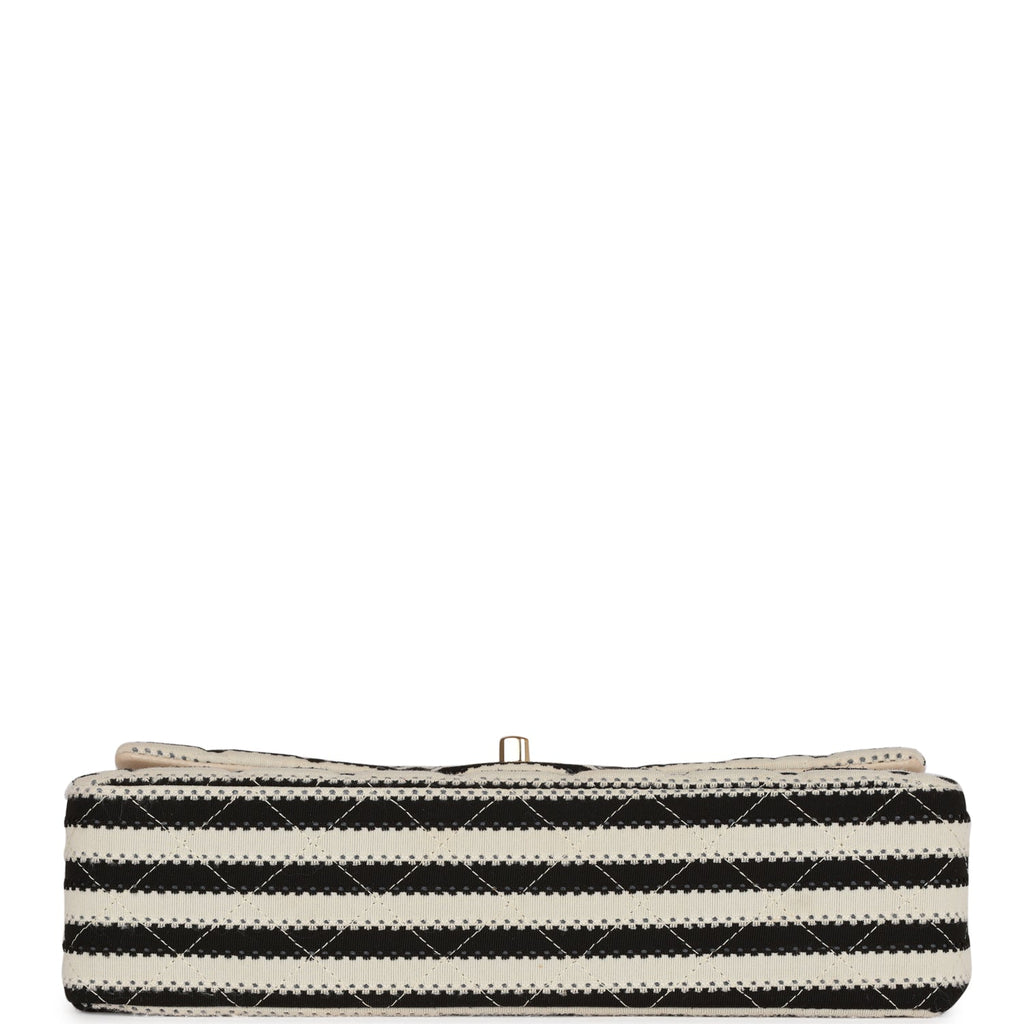 Pre-owned Chanel Medium Classic Double Flap Bag Black and Beige Striped Silk Light Gold Hardware