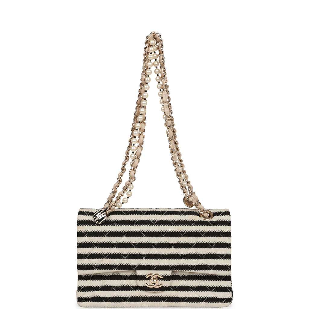 Pre-owned Chanel Medium Classic Double Flap Bag Black and Beige Striped Silk Light Gold Hardware