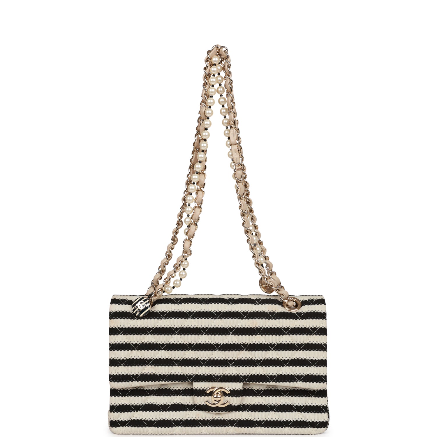 Pre-owned Chanel Medium Classic Double Flap Bag Black and Beige Striped Silk Light Gold Hardware