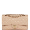 Pre-owned Chanel Medium Classic Double Flap Bag Beige Caviar Gold Hardware