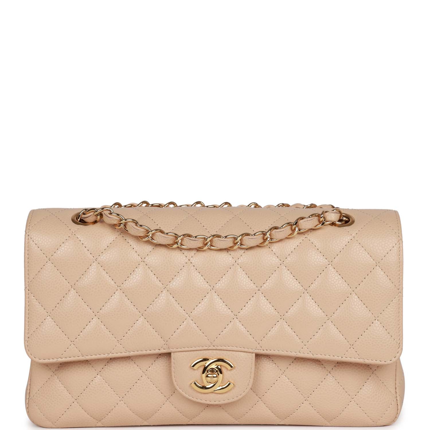 Pre-owned Chanel Medium Classic Double Flap Bag Beige Caviar Gold Hardware