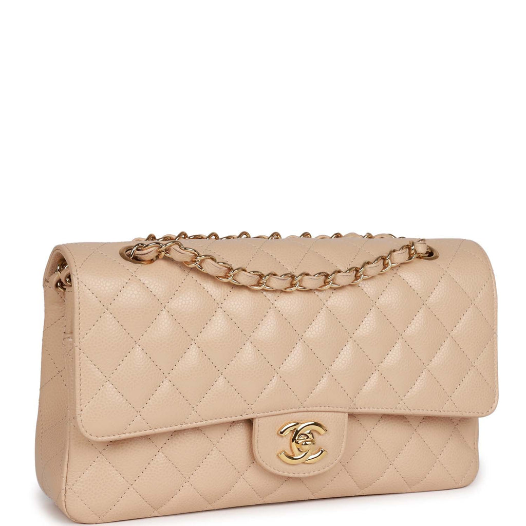 Pre-owned Chanel Medium Classic Double Flap Bag Beige Caviar Gold Hardware