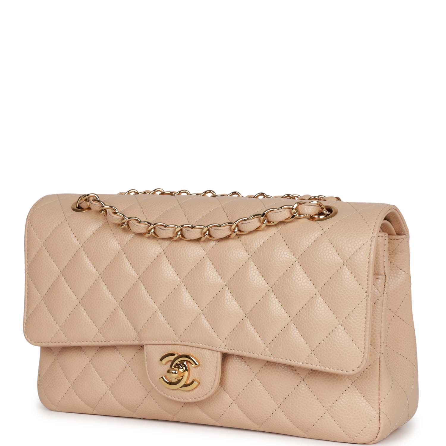 Pre-owned Chanel Medium Classic Double Flap Bag Beige Caviar Gold Hardware