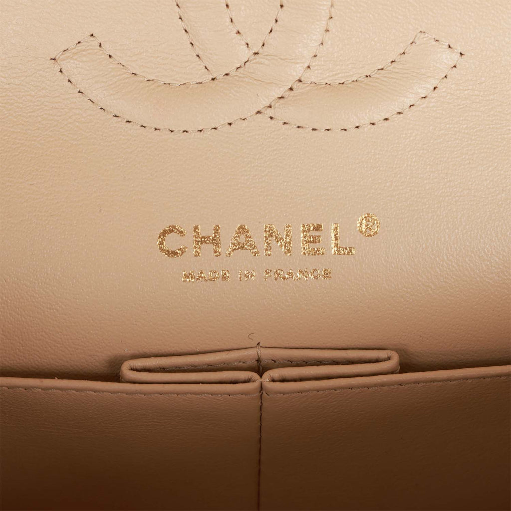 Pre-owned Chanel Medium Classic Double Flap Bag Beige Caviar Gold Hardware