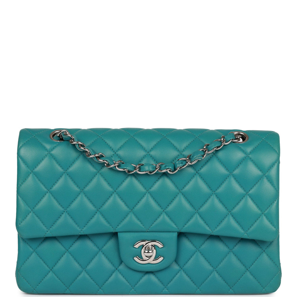 Pre-owned Chanel Medium Classic Double Flap Bag Blue Lambskin Silver Hardware