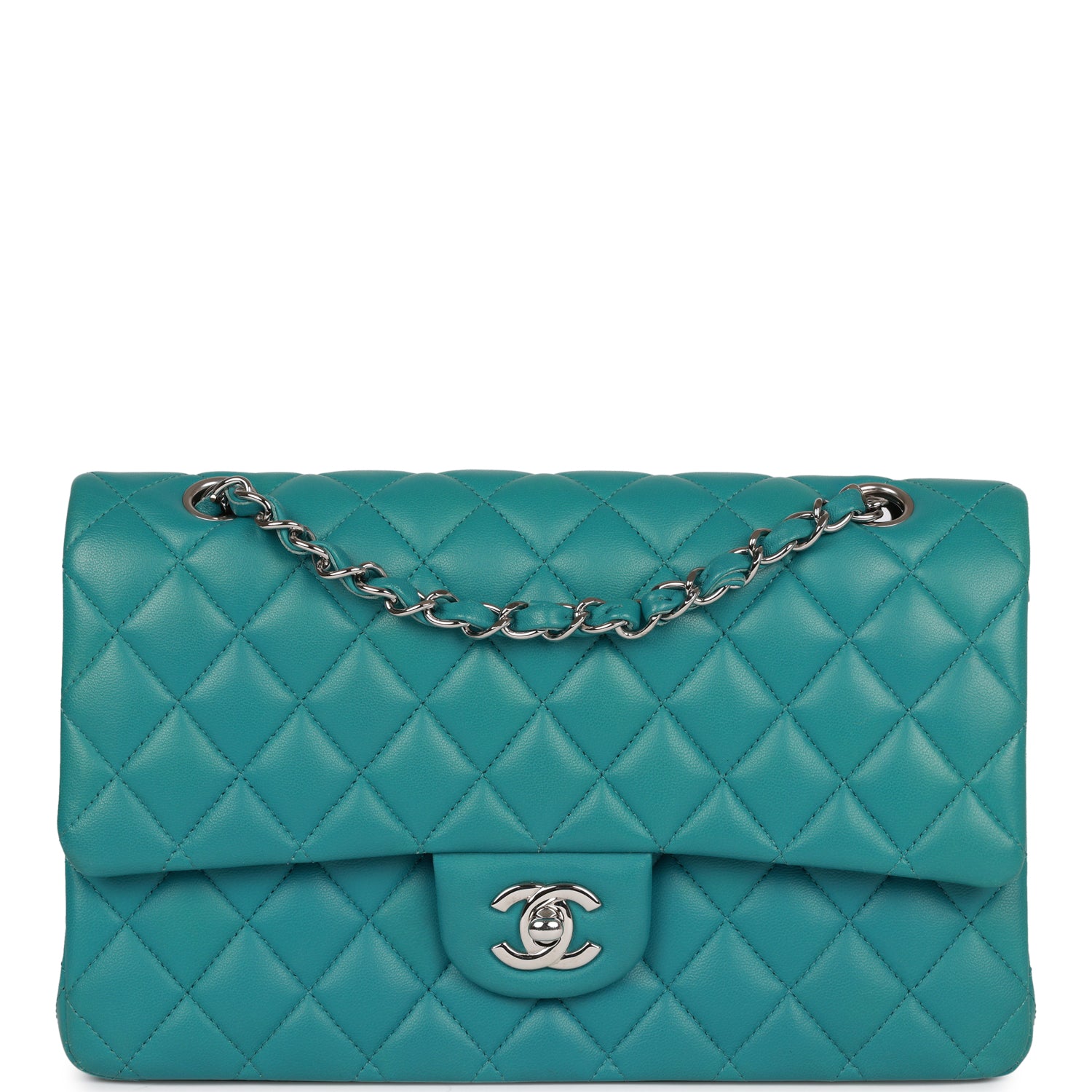 Pre-owned Chanel Medium Classic Double Flap Bag Blue Lambskin Silver Hardware