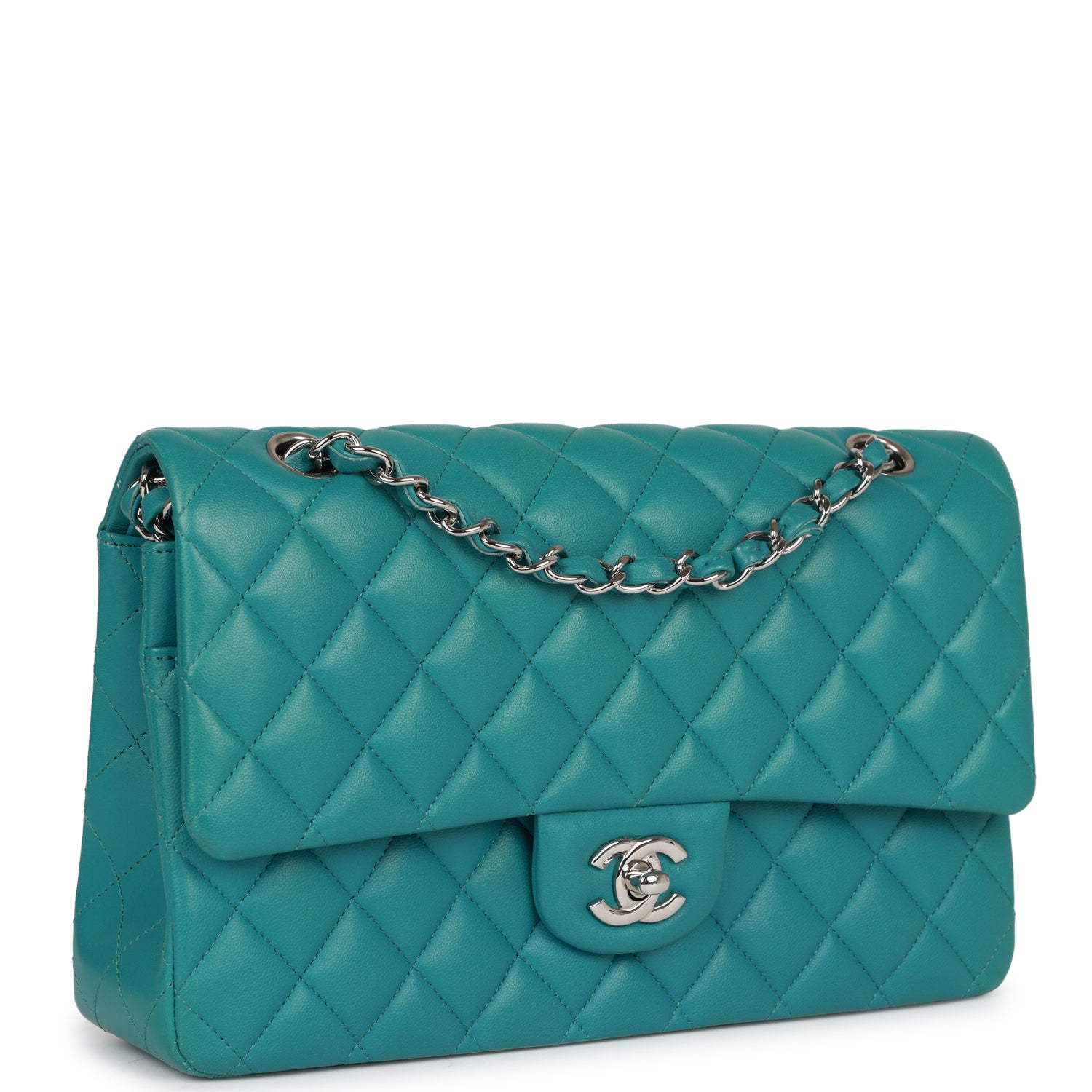 Pre-owned Chanel Medium Classic Double Flap Bag Blue Lambskin Silver Hardware