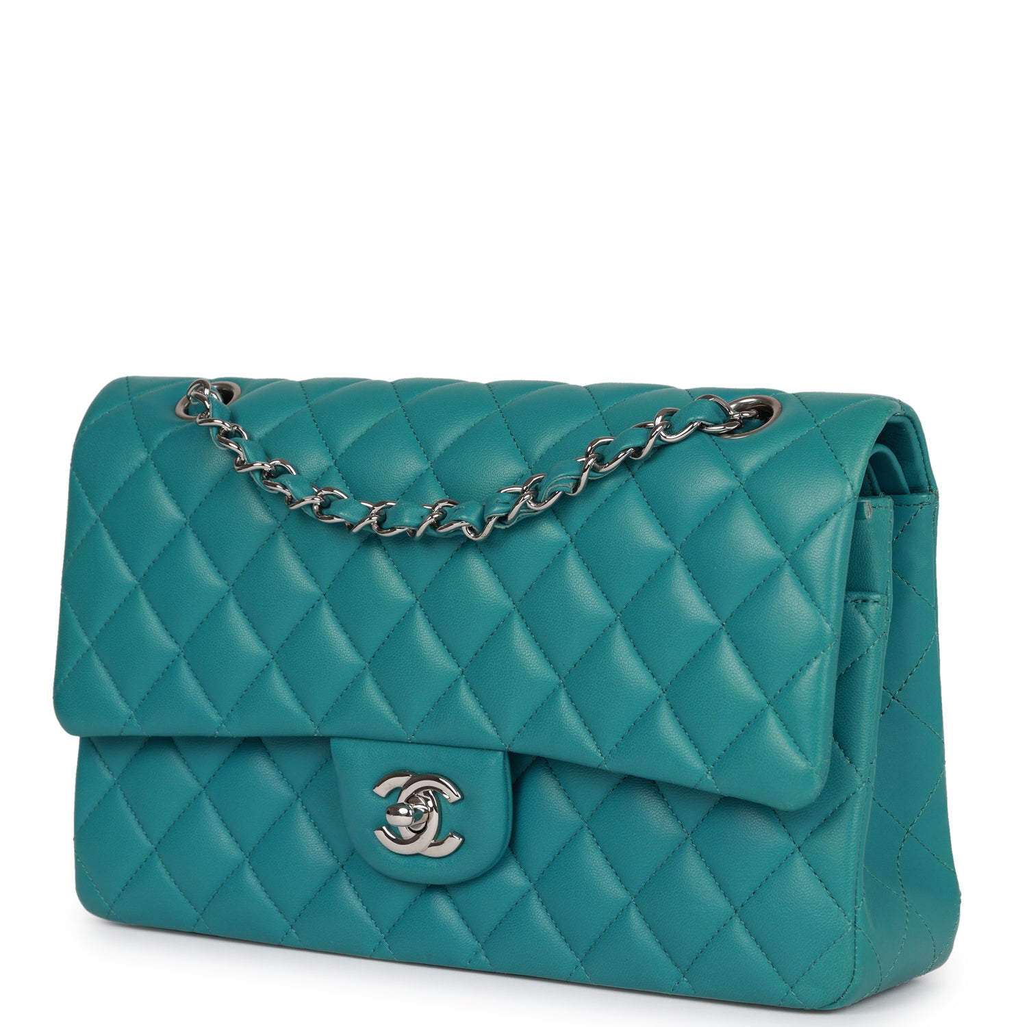 Pre-owned Chanel Medium Classic Double Flap Bag Blue Lambskin Silver Hardware