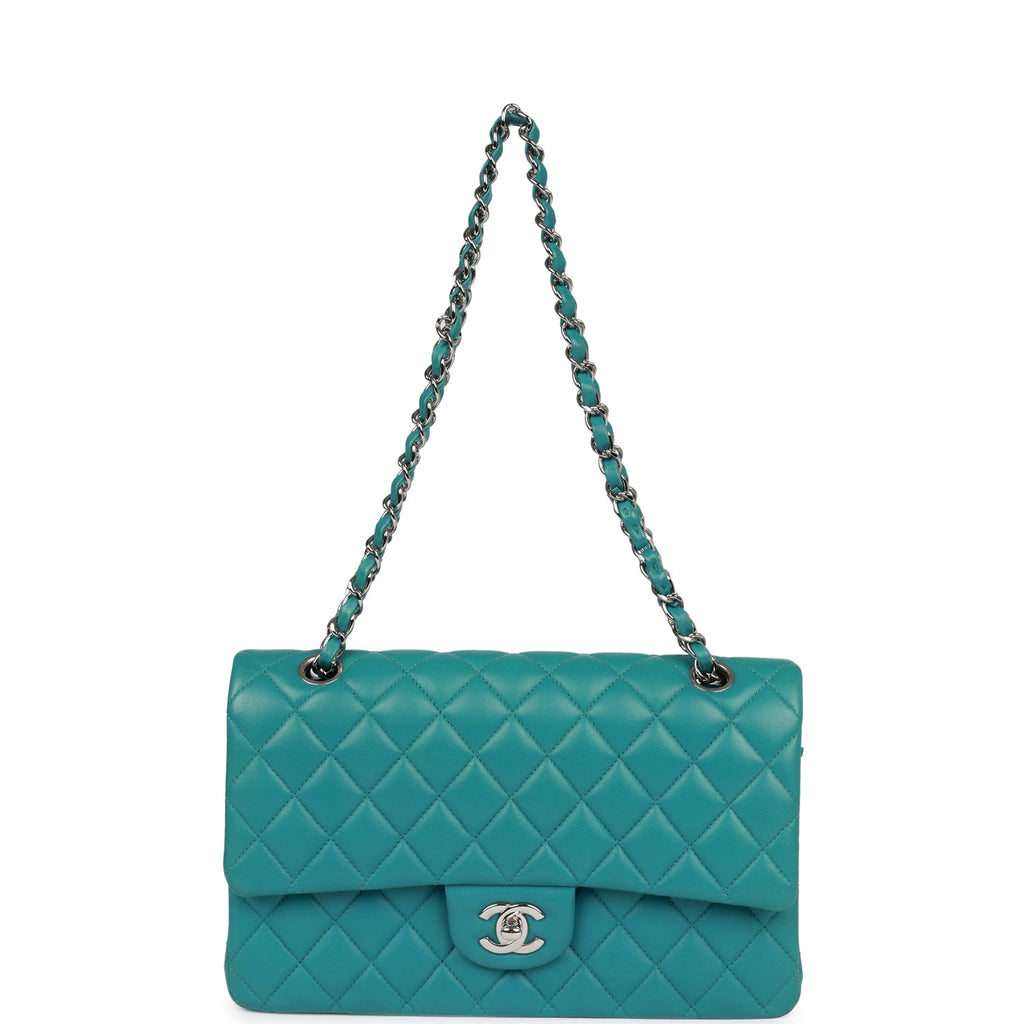 Pre-owned Chanel Medium Classic Double Flap Bag Blue Lambskin Silver Hardware