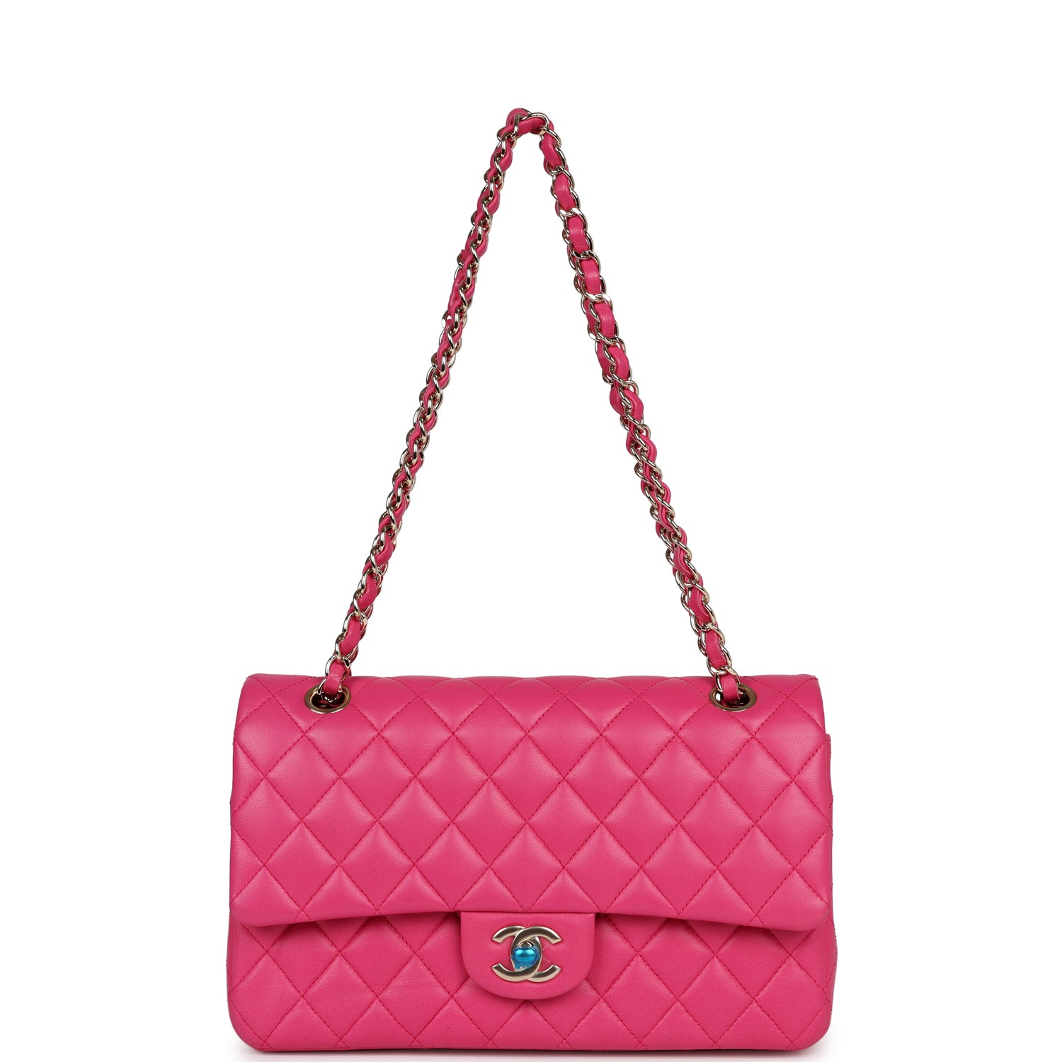 Pre-owned Chanel Medium Classic Double Flap Hot Pink Lambskin Gold Hardware