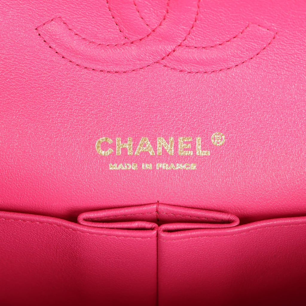 Pre-owned Chanel Medium Classic Double Flap Hot Pink Lambskin Gold Hardware