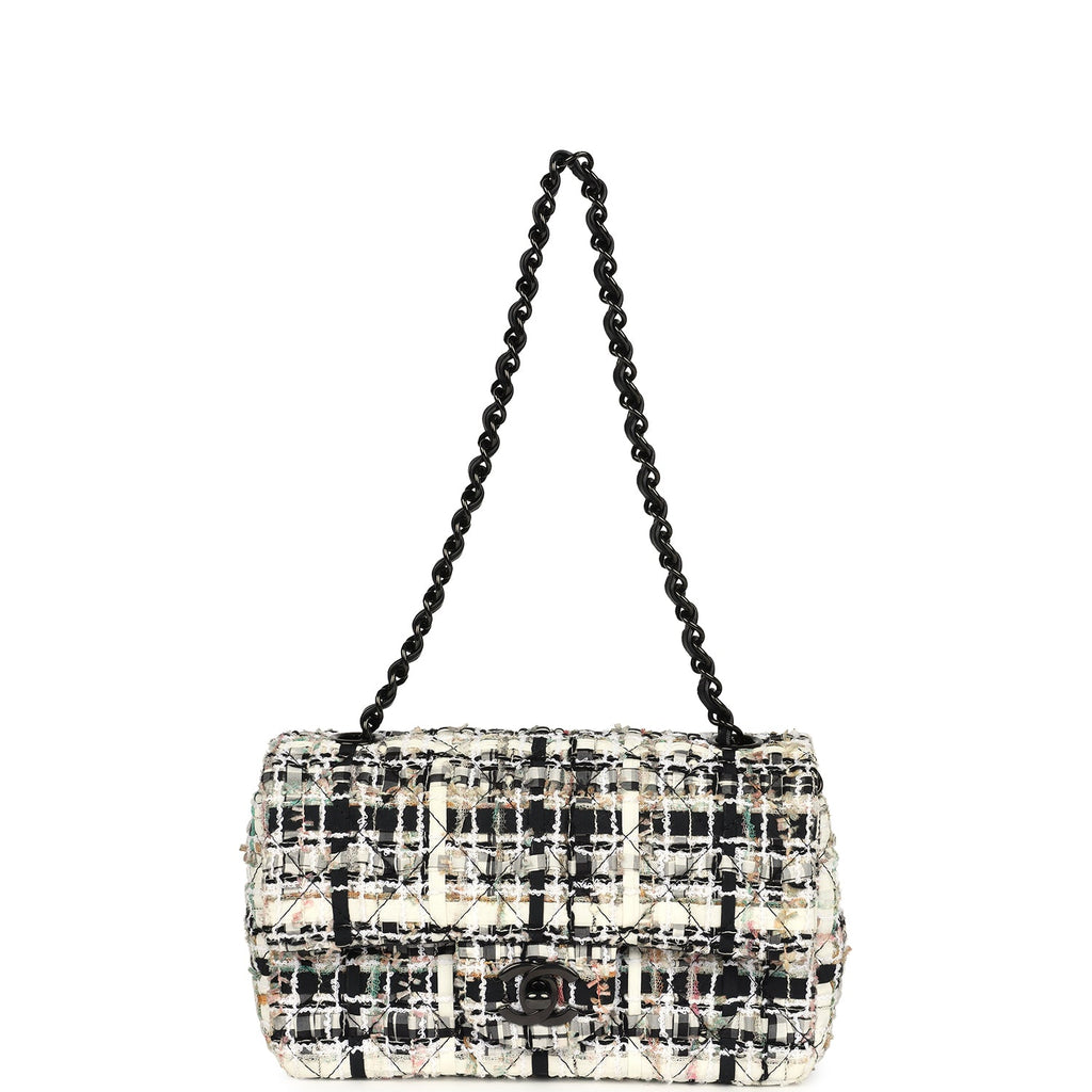 Pre-owned Chanel Mini Classic Flap Black and White Tweed Black Hardware