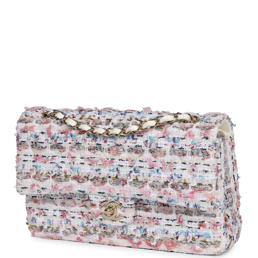 Pre-owned Chanel Medium Classic Double Flap White Multicolored Tweed Light Gold Hardware