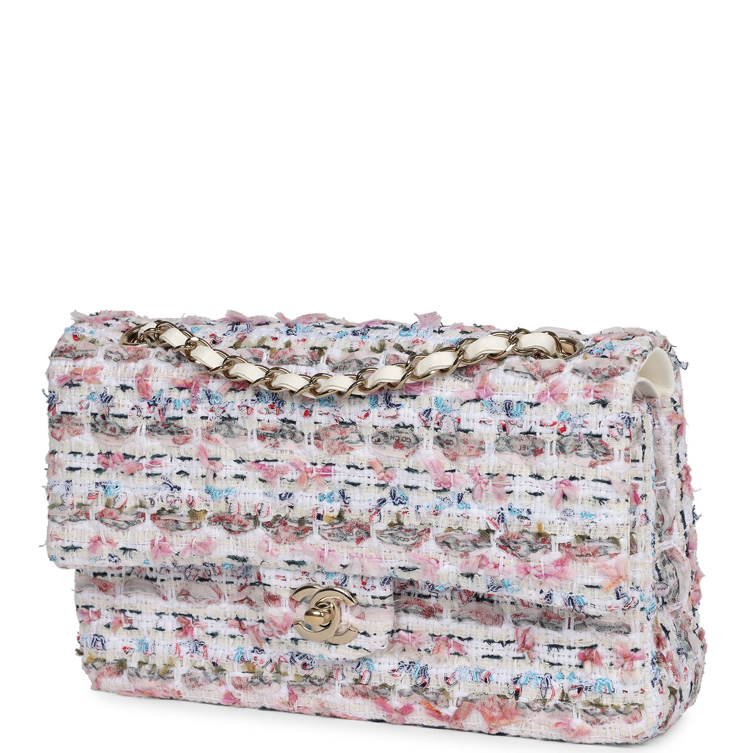 Pre-owned Chanel Medium Classic Double Flap White Multicolored Tweed Light Gold Hardware