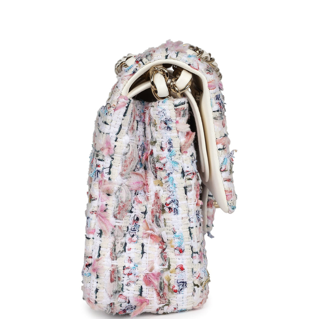 Pre-owned Chanel Medium Classic Double Flap White Multicolored Tweed Light Gold Hardware