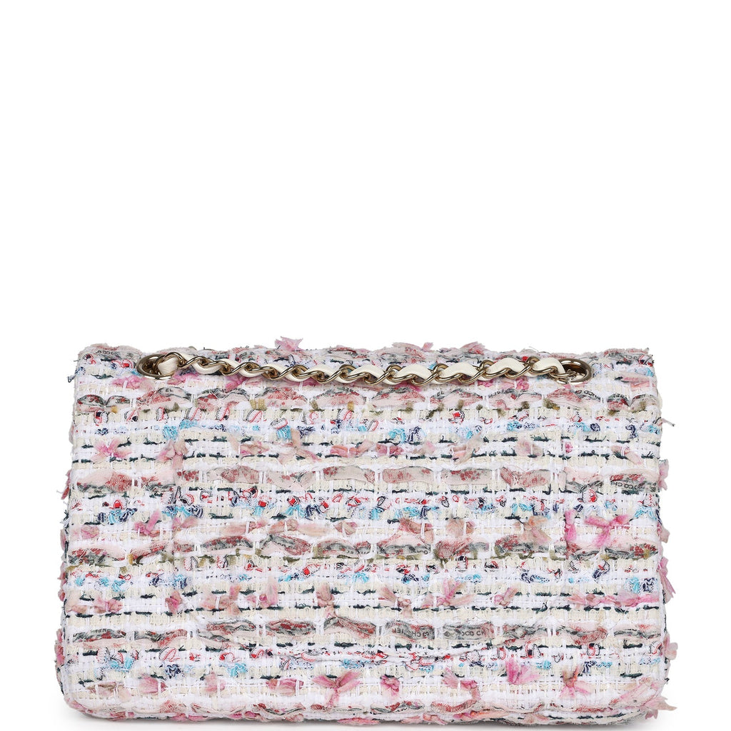 Pre-owned Chanel Medium Classic Double Flap White Multicolored Tweed Light Gold Hardware