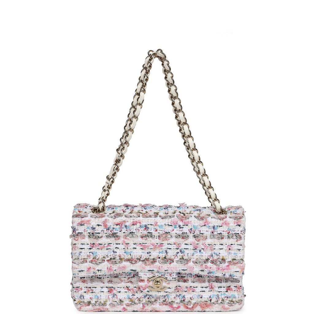 Pre-owned Chanel Medium Classic Double Flap White Multicolored Tweed Light Gold Hardware