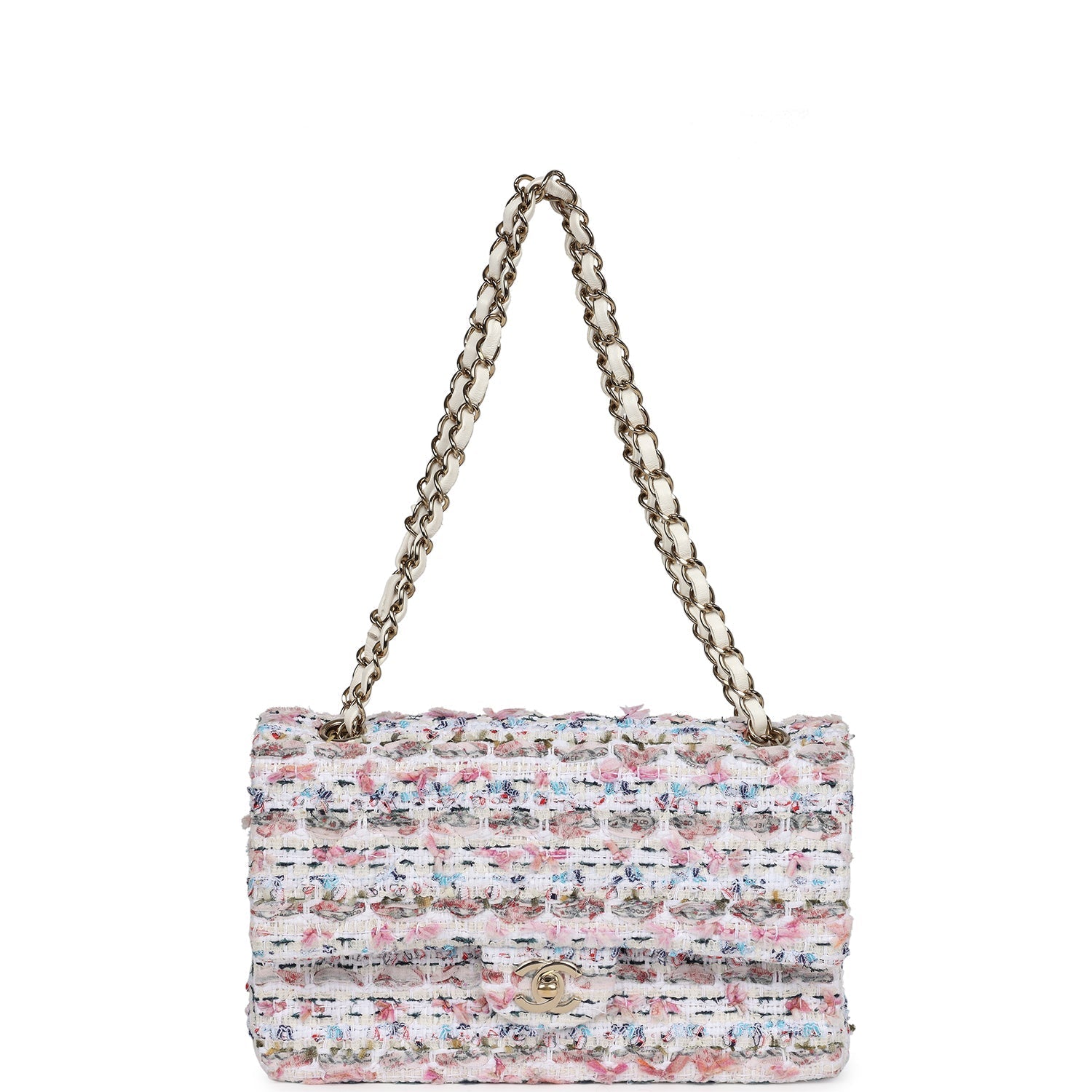 Pre-owned Chanel Medium Classic Double Flap White Multicolored Tweed Light Gold Hardware
