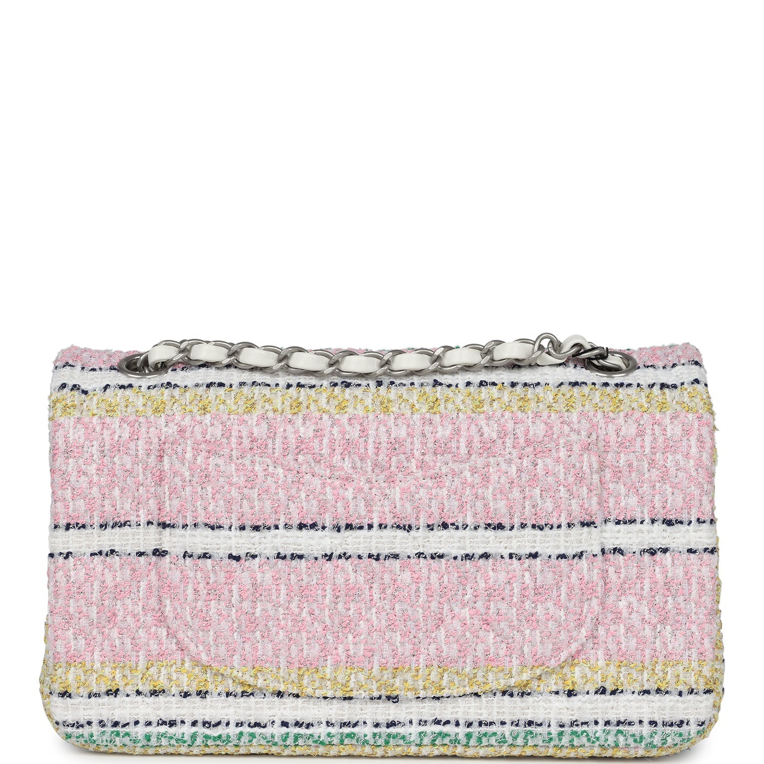 Chanel Medium Classic Double Flap White Multicolor Tweed Brushed Silver Hardware