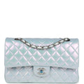 Chanel Medium Classic Double Flap Bag Blue Iridescent Calfskin Silver Hardware