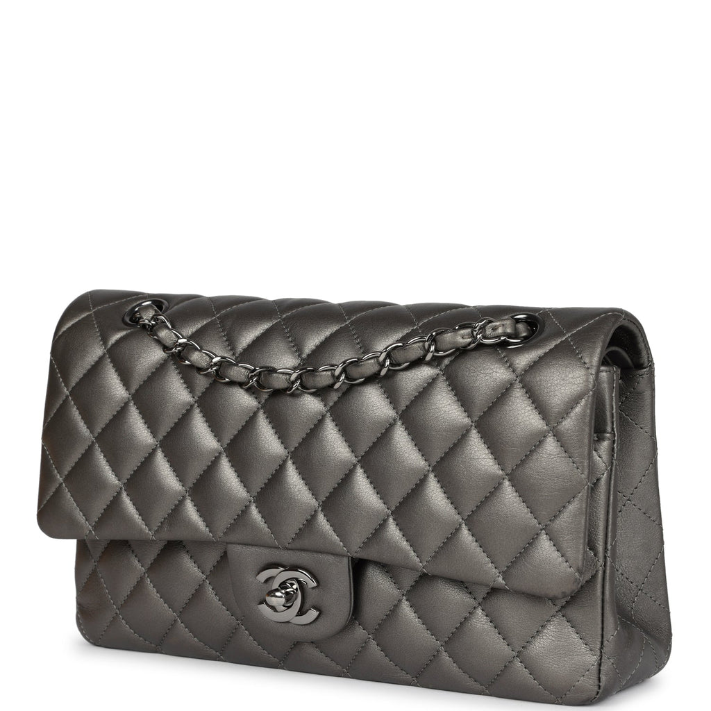 Chanel Medium Classic Double Flap Bag Metallic Grey Lambskin Silver Hardware