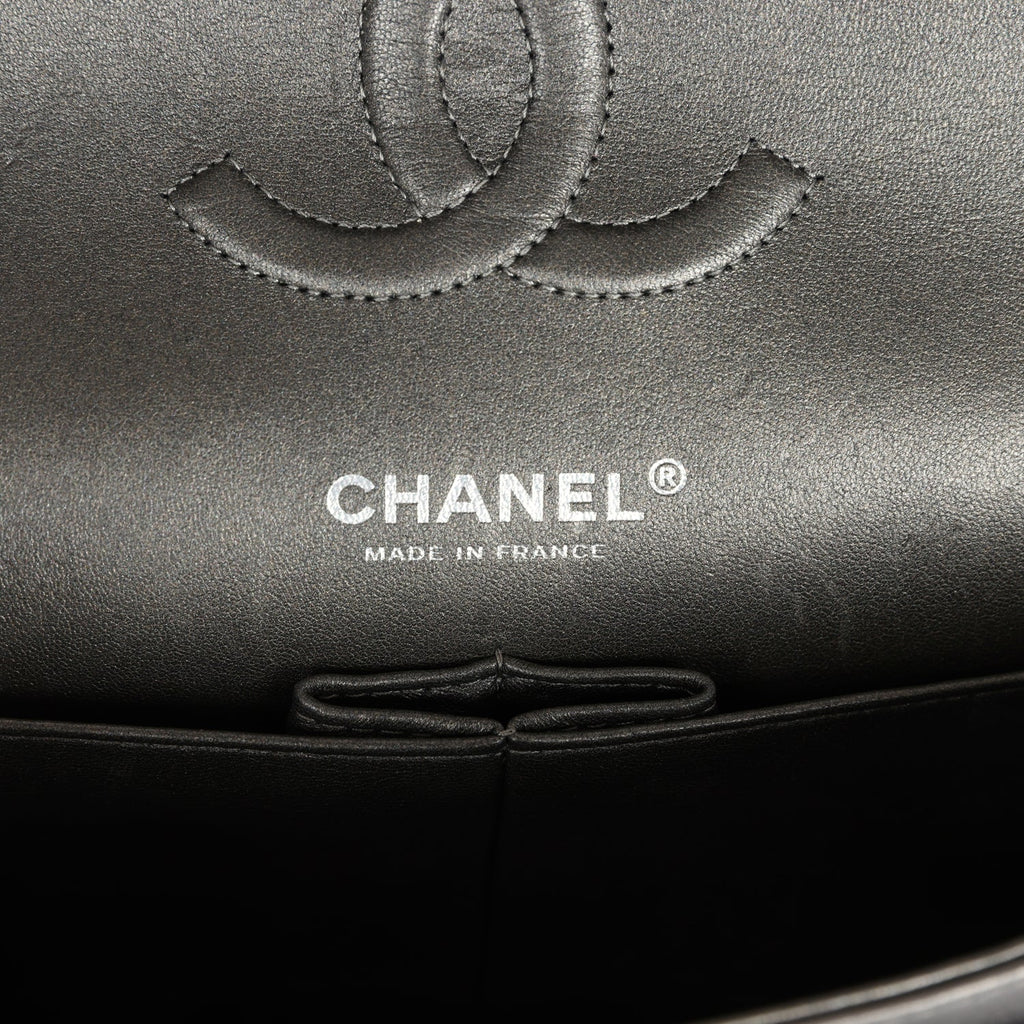 Chanel Medium Classic Double Flap Bag Metallic Grey Lambskin Silver Hardware